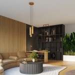 Lampa wisząca Karbon 3P z trzema źródłami światła GU10 w kolorze złotym, zawieszona na cienkich linkach, w nowoczesnym wnętrzu z regałem i roślinnością, na tle jasnej ściany z drewnianymi panelami.