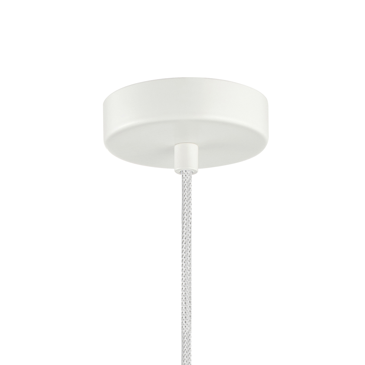 Kremowa lampa wisząca Latera D15 z oprawą na jedną żarówkę E14. Ujęcie z dołu, pokazujące okrągłą podstawę i teksturowany przewód. Prosty design, idealna do nowoczesnych wnętrz.