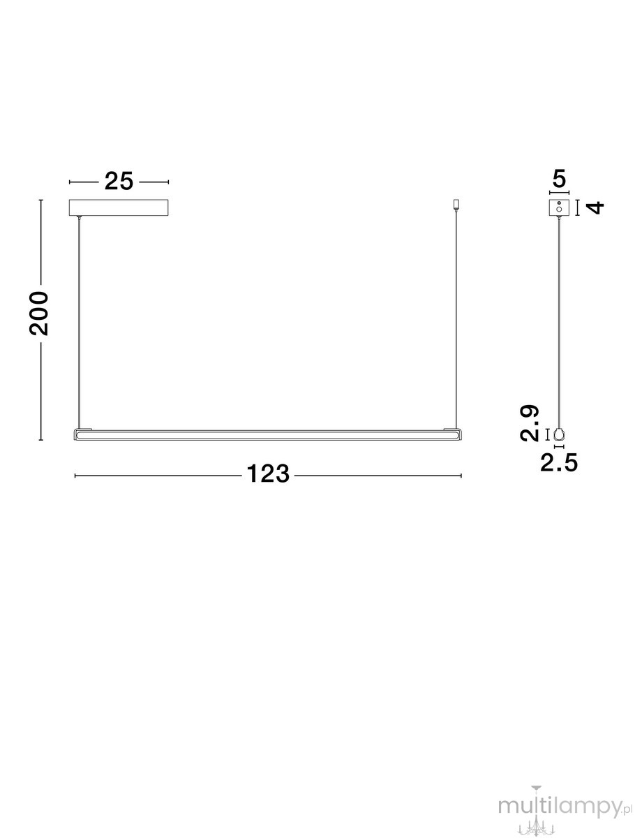 Lampa wisząca Calaca 1xLED 28W w kolorze czarnym, o prostokątnym kształcie. Wymiary: długość 123 cm, wysokość 200 cm, szerokość 25 cm. Zawieszona na cienkim przewodzie, minimalistyczny design, idealna do nowoczesnych wnętrz.