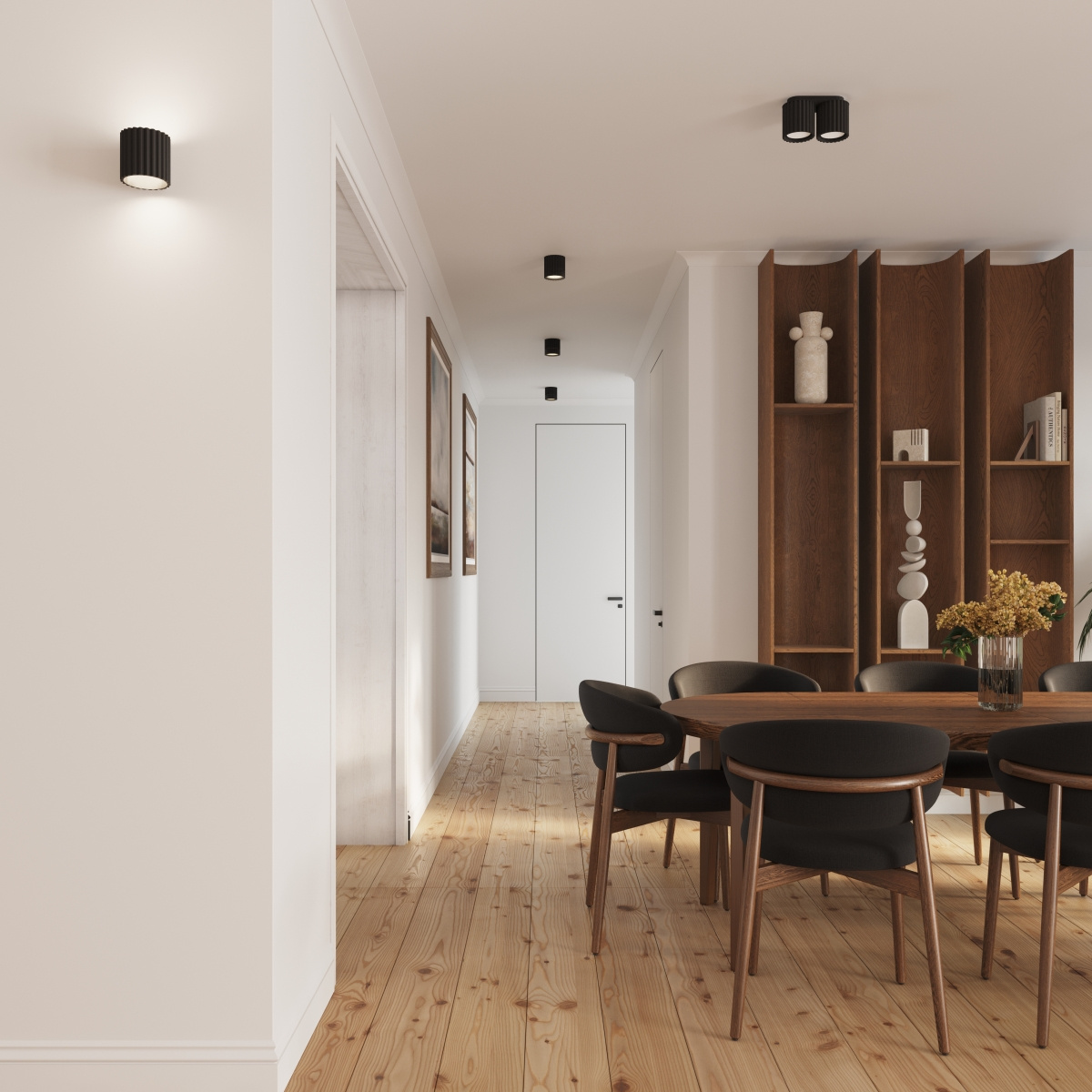 Czarna lampa sufitowa Aura 1xGU10, o cylindrycznym kształcie z fakturowaną powierzchnią, zamontowana na suficie w nowoczesnym wnętrzu. Widoczna w aranżacji z drewnianym stołem i krzesłami, z białymi ścianami i jasnym drewnianym podłogą.