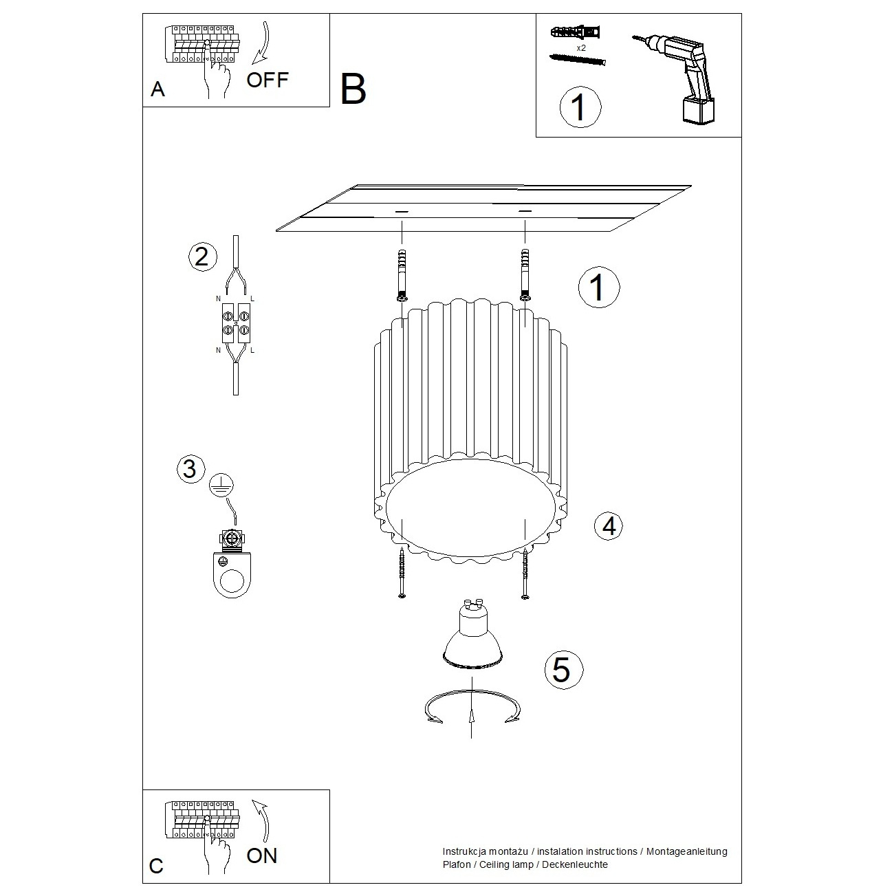 Lampa sufitowa Aura w kolorze taupe z miejscem na jedną żarówkę GU10. Ma okrągły, falisty klosz oraz metalowy uchwyt montażowy. W zestawie instrukcja oraz elementy montażowe. Produkt w pozycji wiszącej, widoczny z boku.