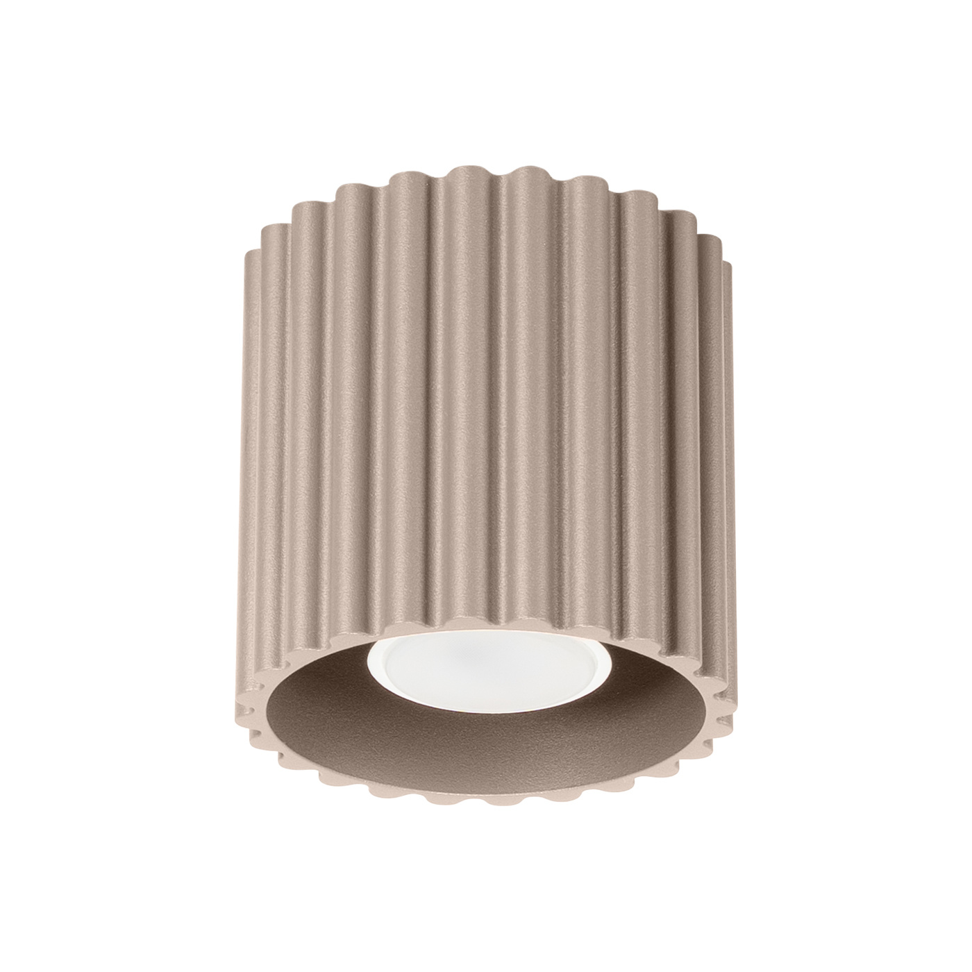 Lampa sufitowa Aura 1xGU10 w kolorze taupe, o cylindrycznym kształcie z rowkowaną teksturą. Ujęcie frontalne, produkt zamontowany na suficie, z widoczną oprawą świetlną wewnątrz.