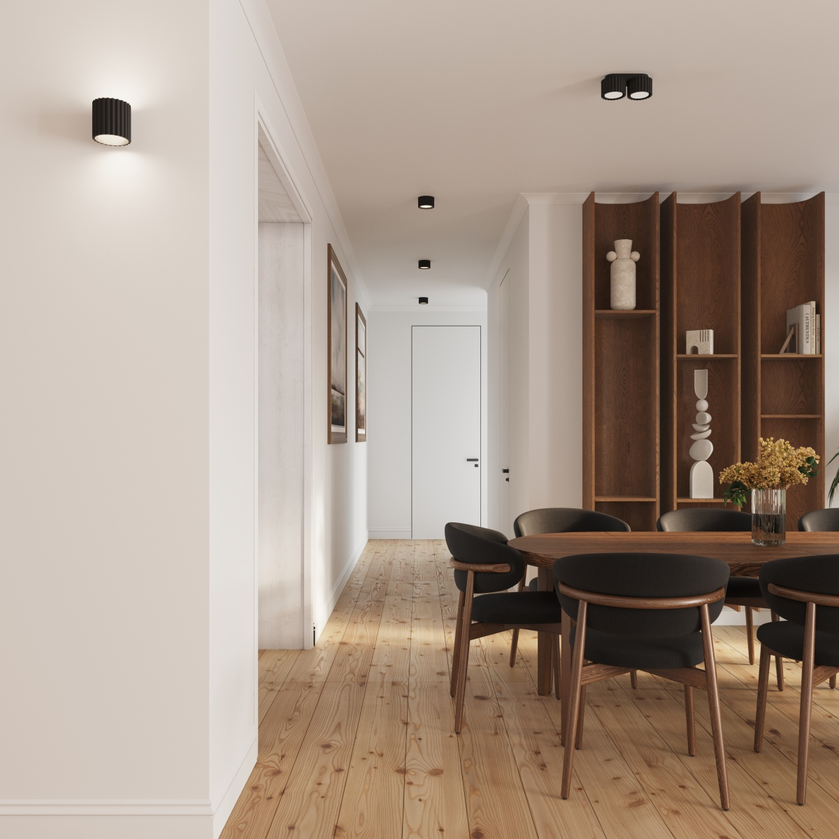 Lampa sufitowa Aura 1xGX53 w kolorze czarnym, o cylindrycznym kształcie z teksturowaną powierzchnią. Zainstalowana na suficie w nowoczesnym wnętrzu, w otoczeniu drewnianego stołu i czarnych krzeseł.