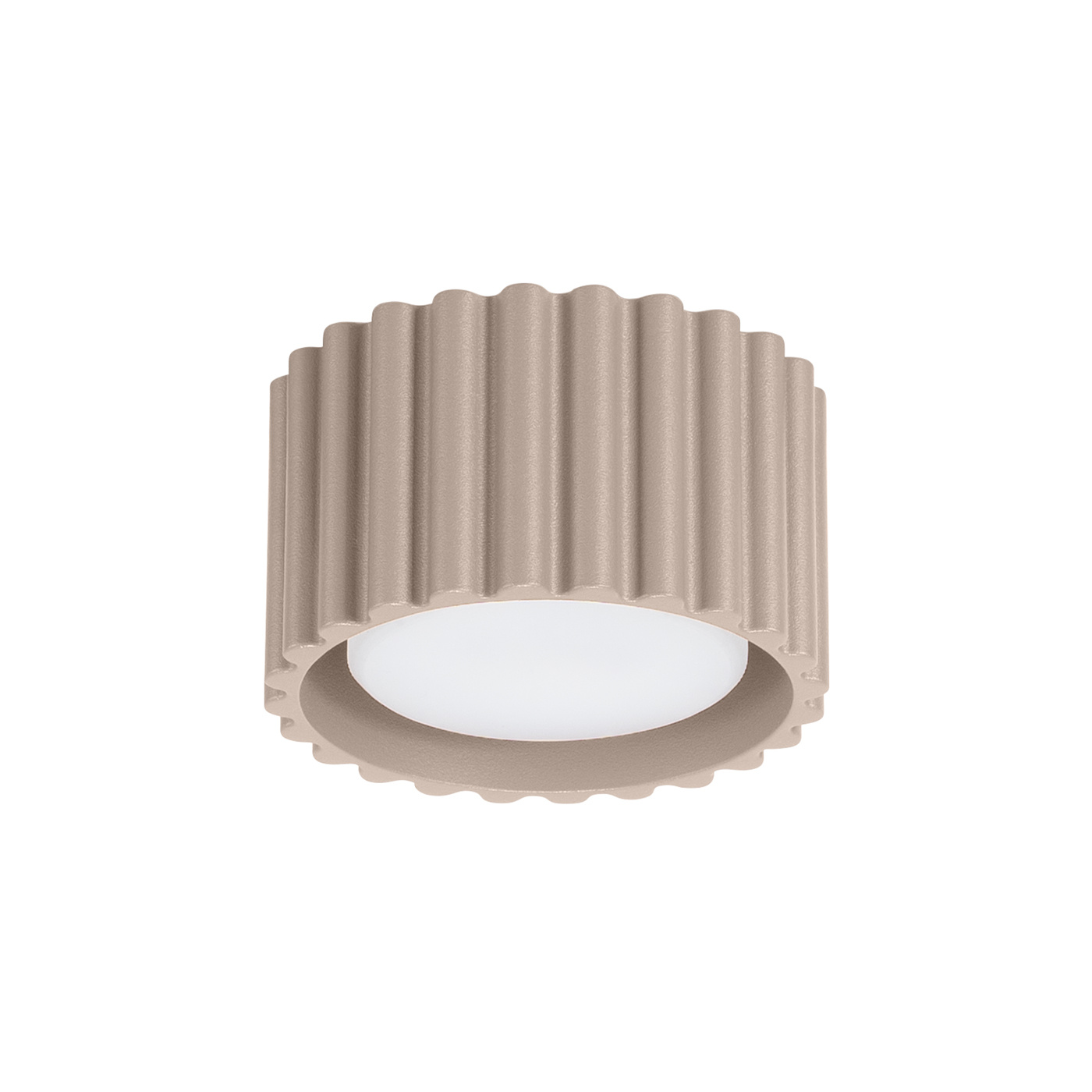 Lampa sufitowa Aura 1xGX53 w kolorze taupe z falistym, teksturowanym kloszem. Ujęcie frontalne, pokazujące okrągły kształt i białą, przezroczystą osłonę. Idealna do nowoczesnych wnętrz.