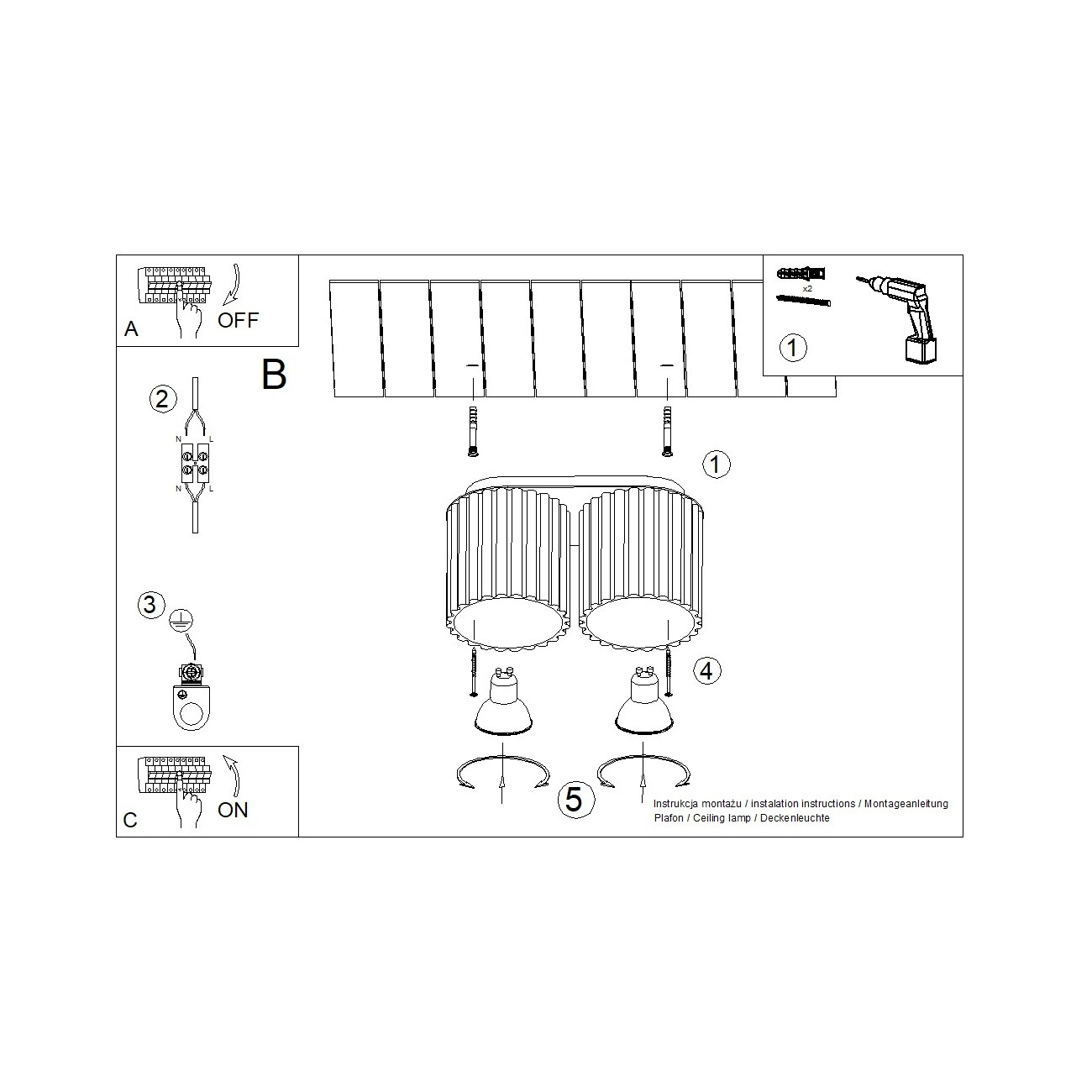 Lampa sufitowa Aura 2xGU10, biała, z dwóch cylindrycznych kloszy z teksturowanej powierzchni. Produkt zamontowany na prostokątnej podstawie. Widoczne elementy montażowe oraz instrukcja obsługi.