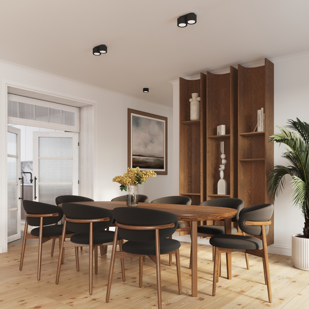 Czarna lampa sufitowa Aura 2xGX53, zamontowana w nowoczesnym wnętrzu, o minimalistycznym designie. Widoczna w aranżacji z drewnianym stołem i krzesłami, w tle półka oraz roślina. Oświetlenie umieszczone w różnych miejscach sufitu.