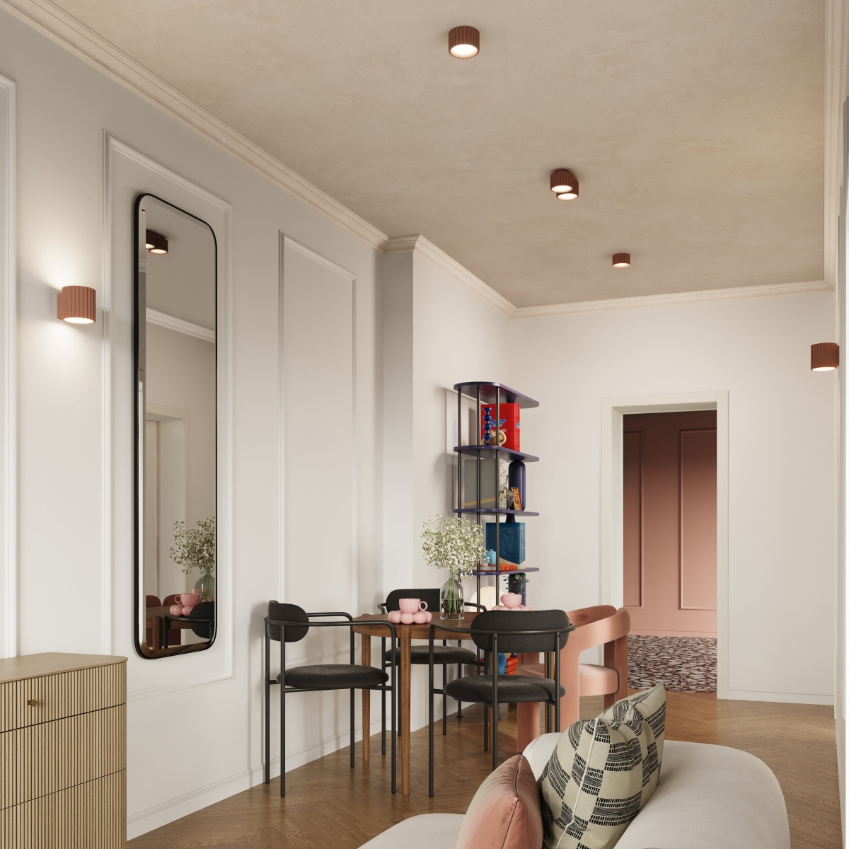 Lampa sufitowa Aura 2xGX53 w kolorze mocca, zamontowana na suficie, z widoczną teksturą. W tle nowoczesne wnętrze z drewnianą podłogą, sofą i stołem z krzesłami, tworzące przytulną aranżację.