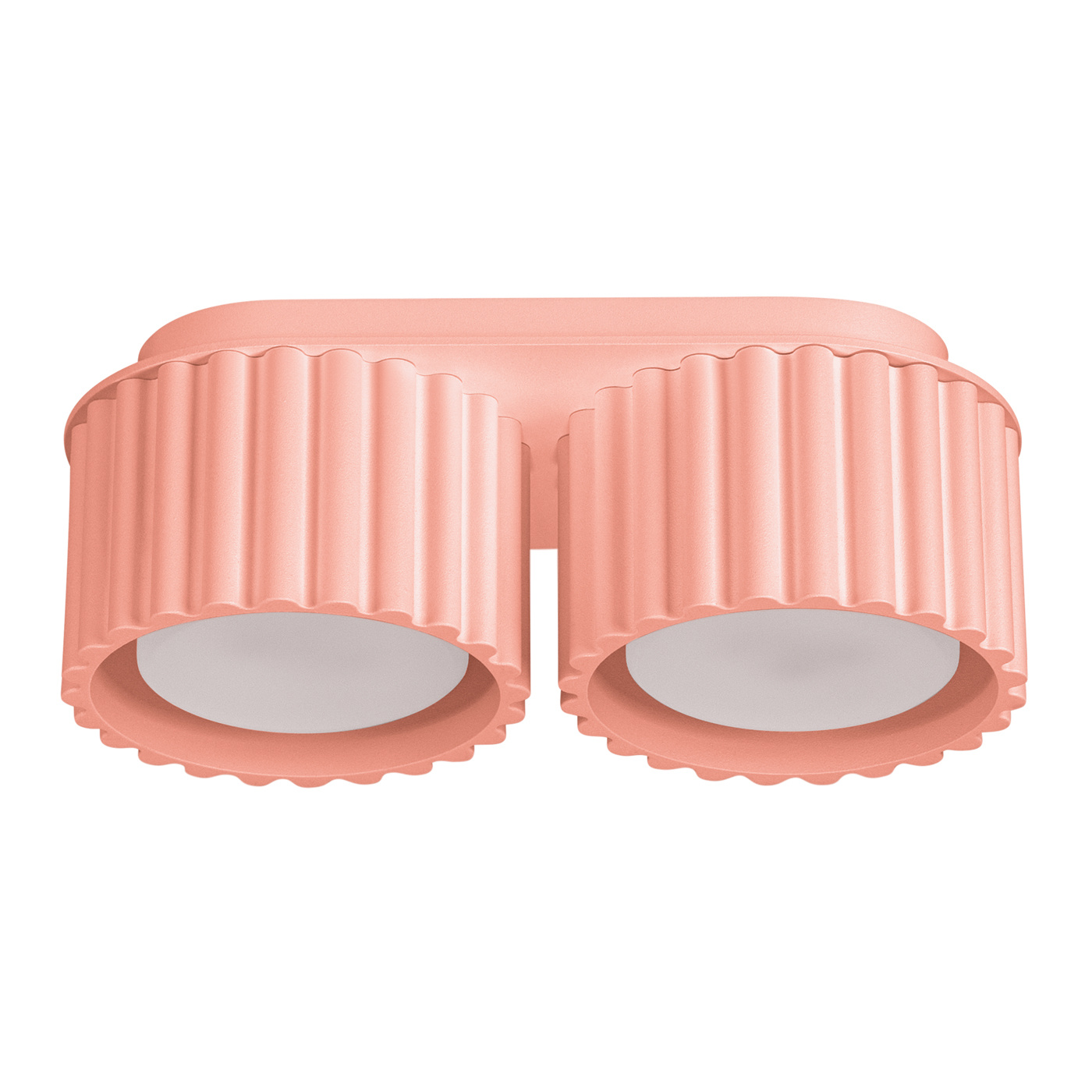 Lampa sufitowa Aura 2xGX53 w kolorze brzoskwiniowym. Posiada dwa okrągłe klosze z falistą fakturą, zamontowane na płaskiej podstawie. Ujęcie frontalne, produkt leżący, do zastosowania w różnych aranżacjach wnętrz.