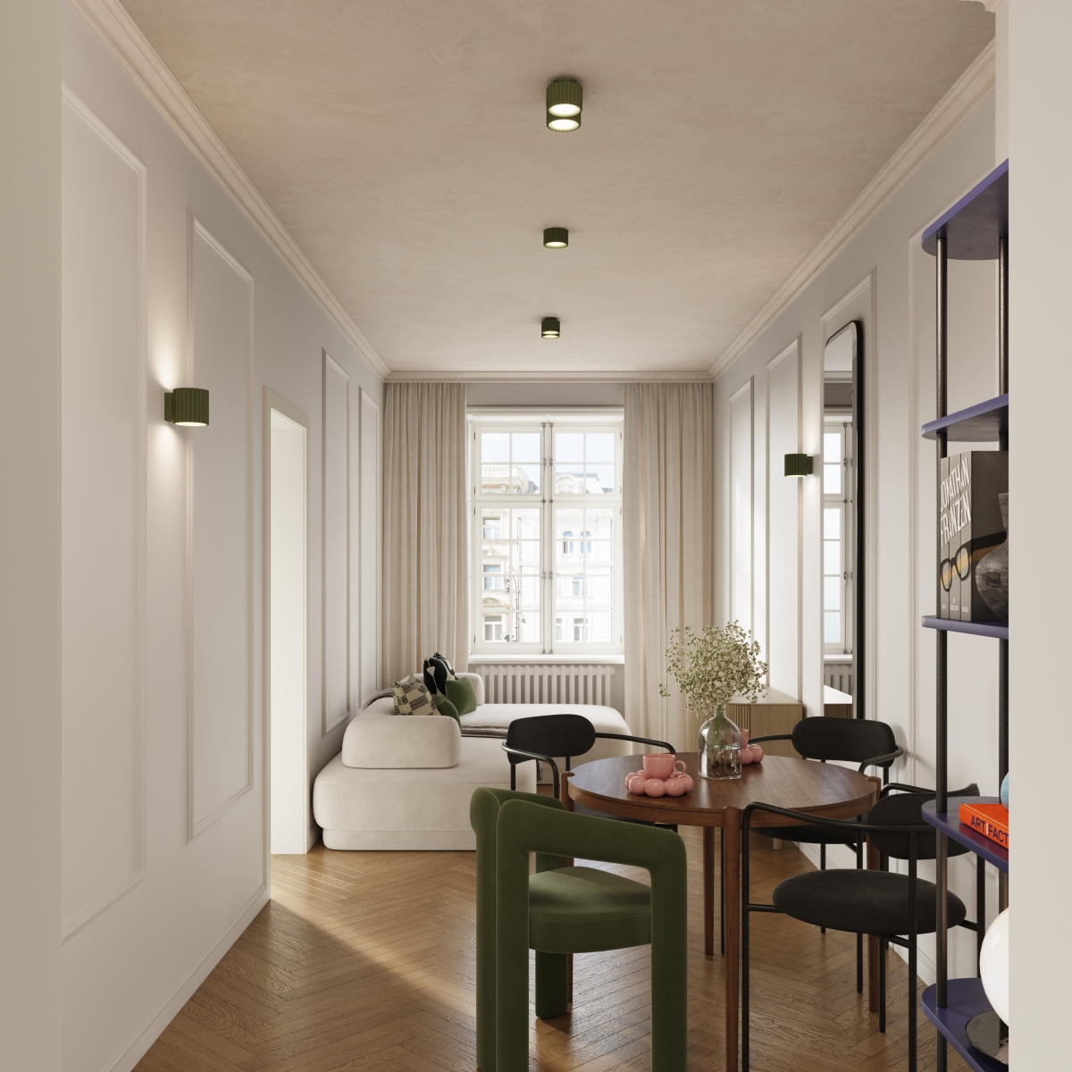 Lampa sufitowa Aura 2xGX53 w kolorze oliwkowej zieleni, zamontowana na suficie w nowoczesnym wnętrzu. Widoczne także inne elementy aranżacji, jak stół, krzesła i okna. Tło jasne, z delikatnymi zasłonami.
