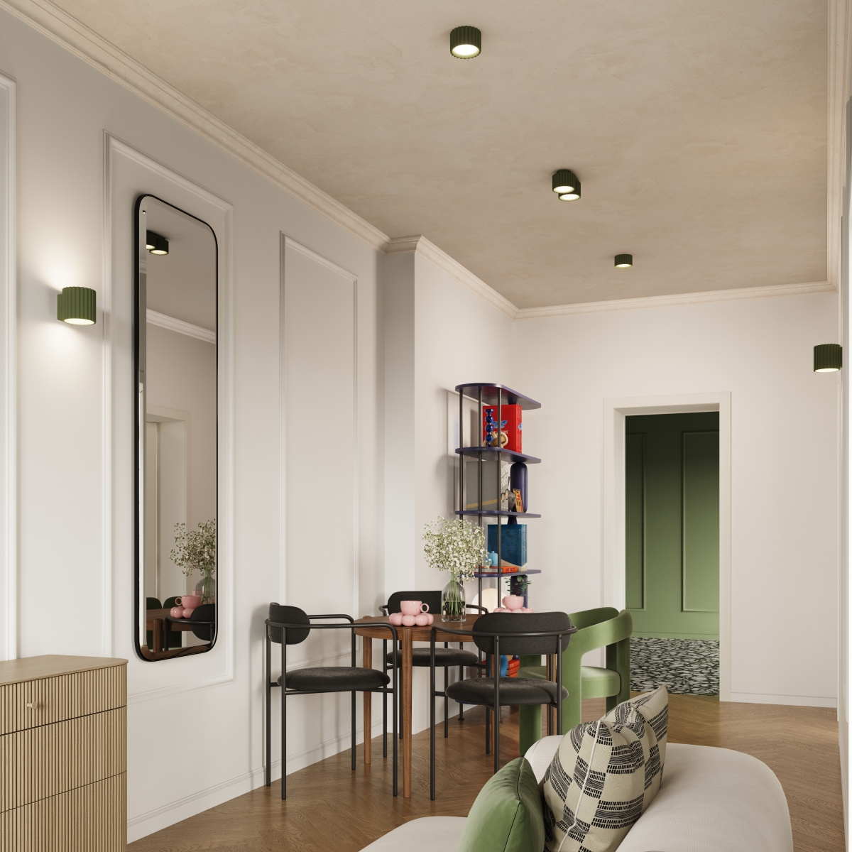 Lampa sufitowa Aura 2xGX53 w kolorze zielonej oliwki, zamontowana na suficie w nowoczesnym wnętrzu. Widoczna w aranżacji z drewnianym stołem i krzesłami, obok lustra oraz regału z różnokolorowymi elementami dekoracyjnymi.