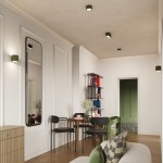 Lampa sufitowa Aura 2xGX53 w kolorze zielonej oliwki, zamontowana na suficie w nowoczesnym wnętrzu. Widoczna w aranżacji z drewnianym stołem i krzesłami, obok lustra oraz regału z różnokolorowymi elementami dekoracyjnymi.