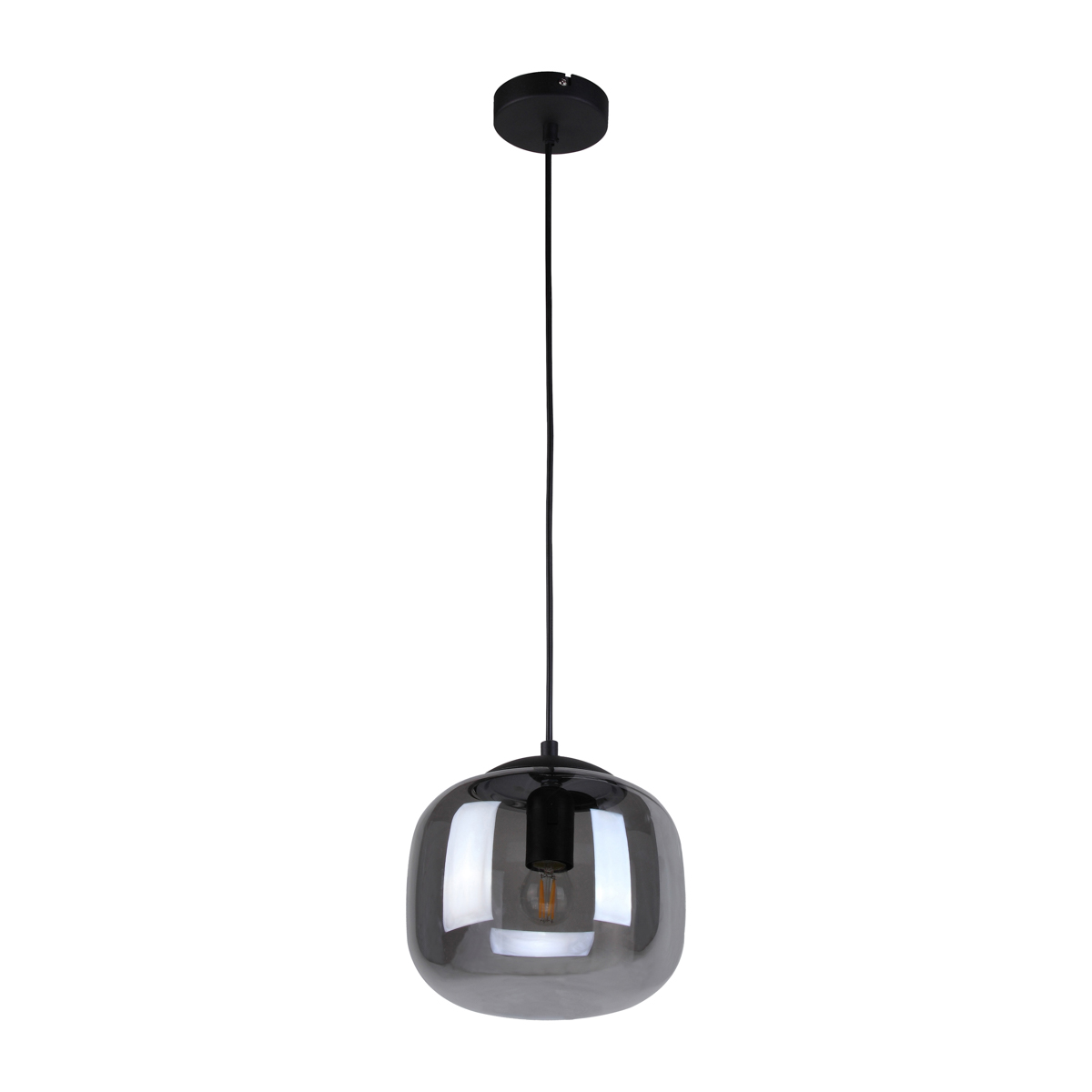 Czarna lampa wisząca Calto 1xE27 z przezroczystym kloszem w kształcie kuli. Zawieszona na długim kablu, z widocznym miejscem na żarówkę. Prosty, nowoczesny design, idealna do różnych wnętrz. Tło białe, skupiające uwagę na lampie.