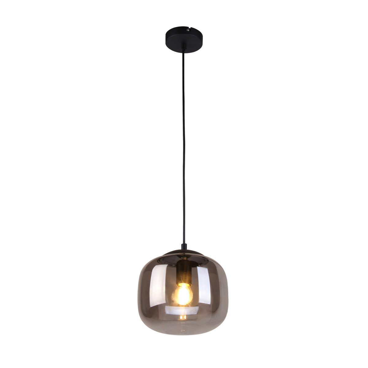 Lampa wisząca Calto 1xE27 w kolorze czarnym, z owalnym kloszem w ciemnoszarym kolorze. Montowana na długim, czarnym przewodzie. Widoczna żarówka w środku, zawieszona na prostym, okrągłym mocowaniu.