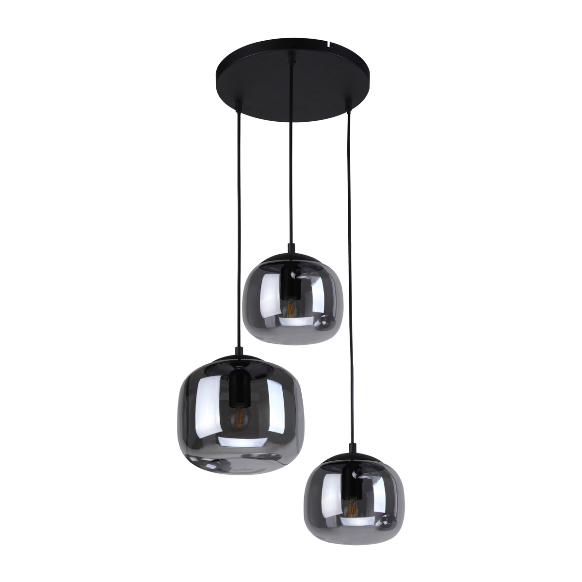 Lampa wisząca Calto 3xE27 w kolorze czarnym z trzema szklanymi kloszami o zaokrąglonym kształcie. Klosze mają ciemnoszary odcień, a całość zawieszona jest na cienkich czarnych linkach. Montaż na okrągłej podstawie sufitowej.