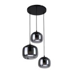 Lampa wisząca Calto 3xE27 w kolorze czarnym z trzema szklanymi kloszami o zaokrąglonym kształcie. Klosze mają ciemnoszary odcień, a całość zawieszona jest na cienkich czarnych linkach. Montaż na okrągłej podstawie sufitowej.