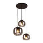 Lampa wisząca Calto z trzema kloszami w kolorze czarnym, wykonanymi z transparentnego szkła, zawieszona na cienkich linkach. Klosze mają zaokrąglony kształt, a w środku znajdują się żarówki E27. Montaż sufitowy, nowoczesny design.