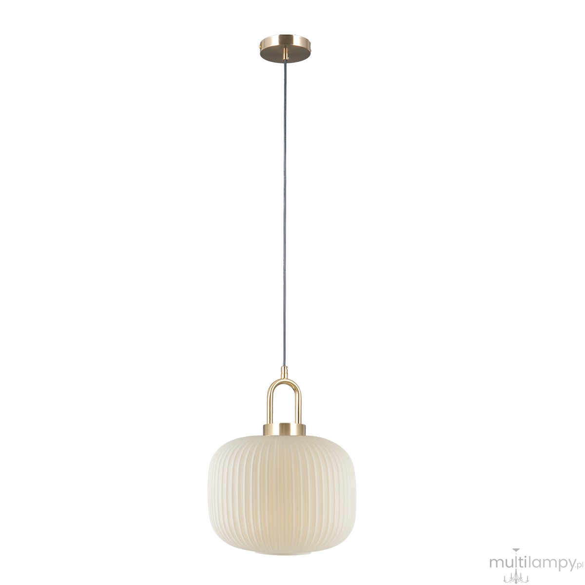 Lampa wisząca Fosse 1xE27 w kolorze złotym, z białym kloszem o żłobionej fakturze. Zawieszona na cienkim przewodzie, z metalowym uchwytem. Prosta, elegancka forma, idealna do nowoczesnych wnętrz.
