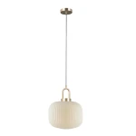 Lampa wisząca Fosse 1xE27 w kolorze złotym, z białym kloszem o żłobionej fakturze. Zawieszona na cienkim przewodzie, z metalowym uchwytem. Prosta, elegancka forma, idealna do nowoczesnych wnętrz.