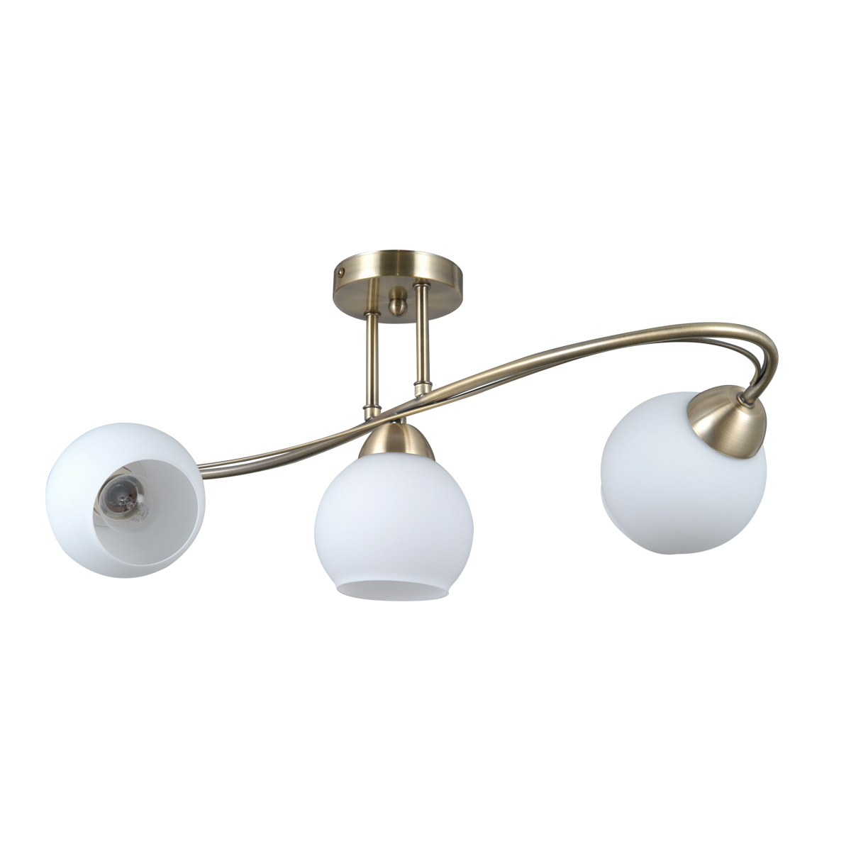 Lampa sufitowa Bevio z trzema oprawami E27 w antycznym mosiądzu. Sufitowa konstrukcja z elastycznymi ramionami i białymi, matowymi kloszami w kształcie kul. Zamontowana na okrągłej podstawie.