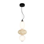 Lampa wisząca LED 18W w kolorze czarnym i beżowym, składająca się z trzech kulistych kloszy: dwóch białych i jednego beżowego, zawieszona na cienkim kablu. Montaż sufitowy, nowoczesny kształt.