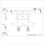 Lampa sufitowa Karbon z dwoma punktami świetlnymi GU10 w kolorze złotym. Ujęcie frontalne, z widoczną podstawą i lampami. Instrukcja montażu z elementami do przykręcenia i przyciskami ON/OFF. Na prostym tle.