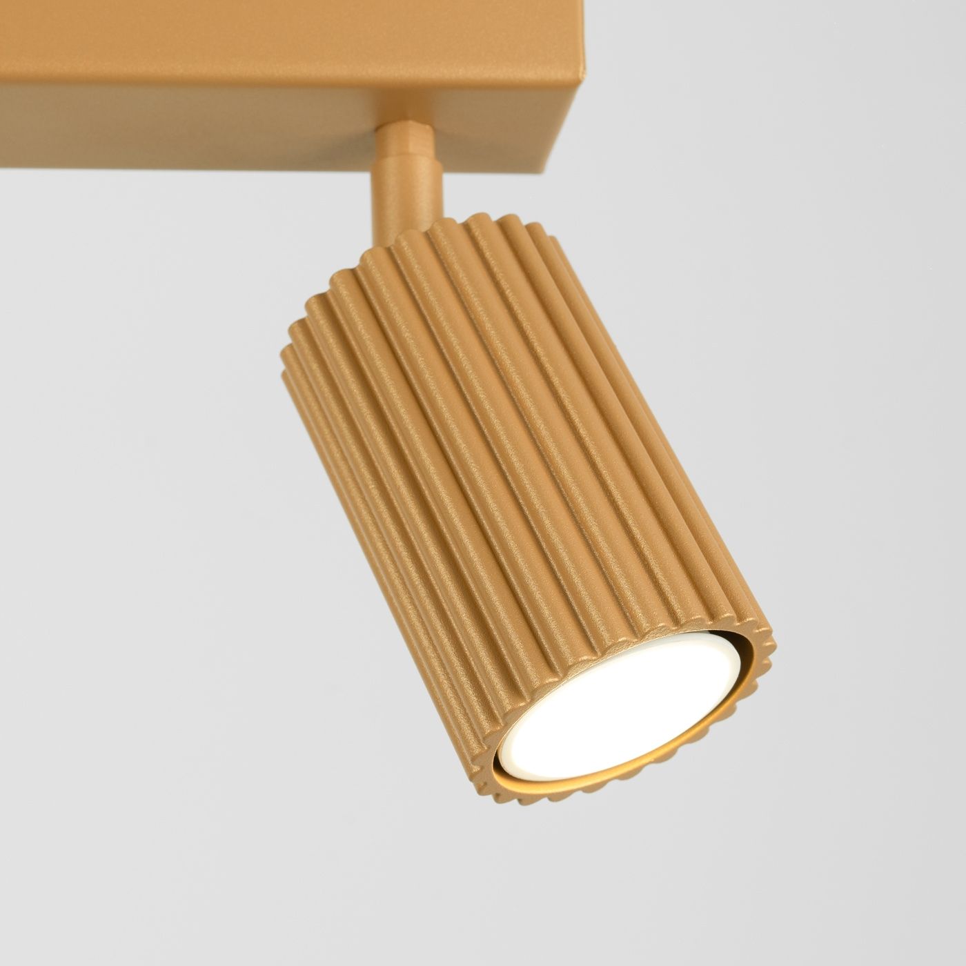 Lampa sufitowa Karbon w kolorze złotym z dwoma ruchomymi reflektorami GU10. Reflektor o teksturowanej, żłobkowanej obudowie, umieszczony pod kątem. Tło jasne, neutralne.
