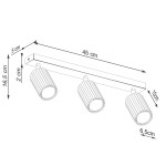 Karbon lampa sufitowa (spot) 3xGU10 w kolorze złotym, z trzema okrągłymi kloszami o żłobionej fakturze. Ujęcie z góry pokazuje wymiary: długość 45 cm, wysokość 16,5 cm, szerokość 10 cm, zamontowana na prostokątnej podstawie.