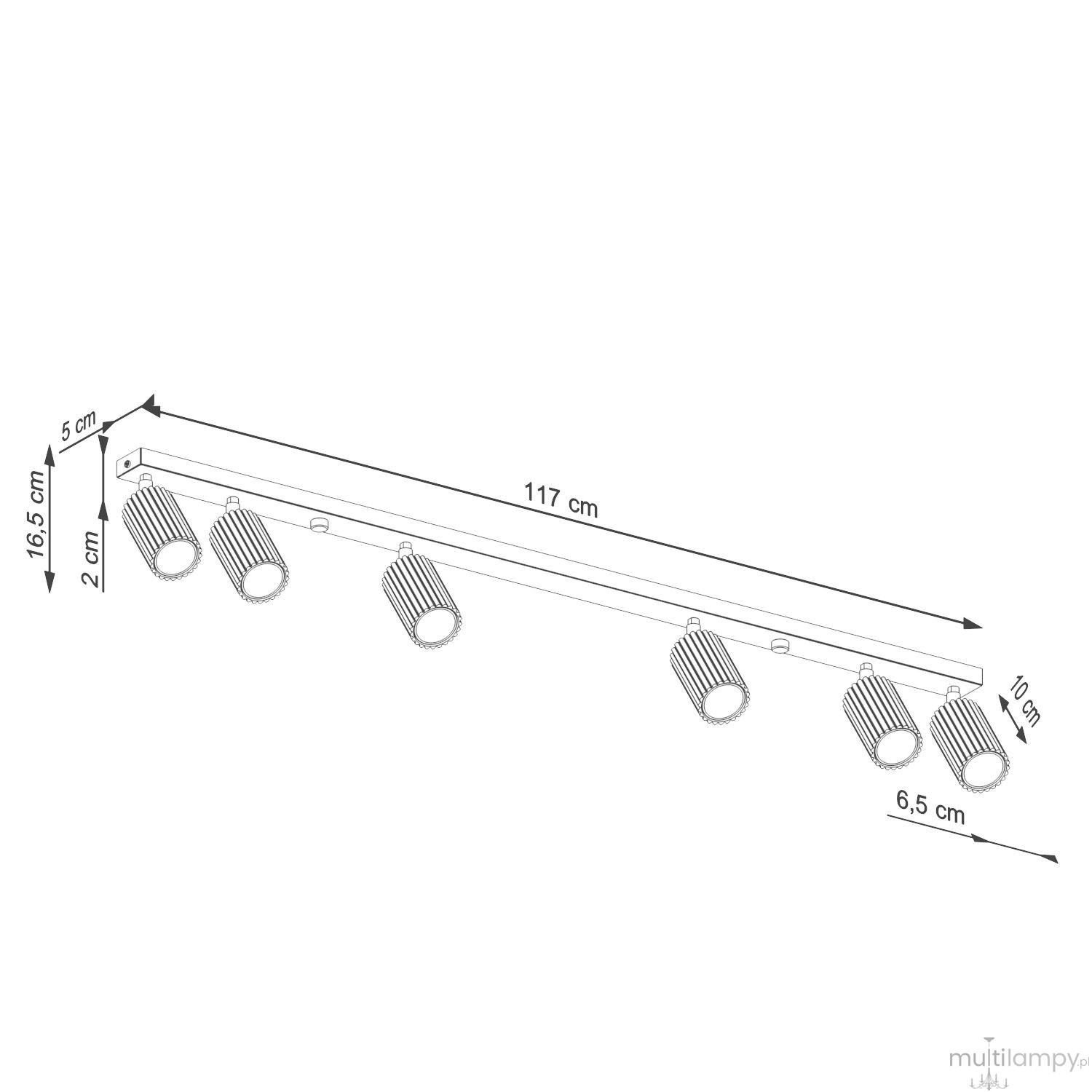 Lampa sufitowa Karbon w kolorze złotym, z sześcioma miejscami na żarówki GU10. Ułożona na prostokątnej listwie o długości 117 cm i wysokości 10 cm. Widoczne detale żyrandola o strukturze żłobionej, montowana pod sufit.
