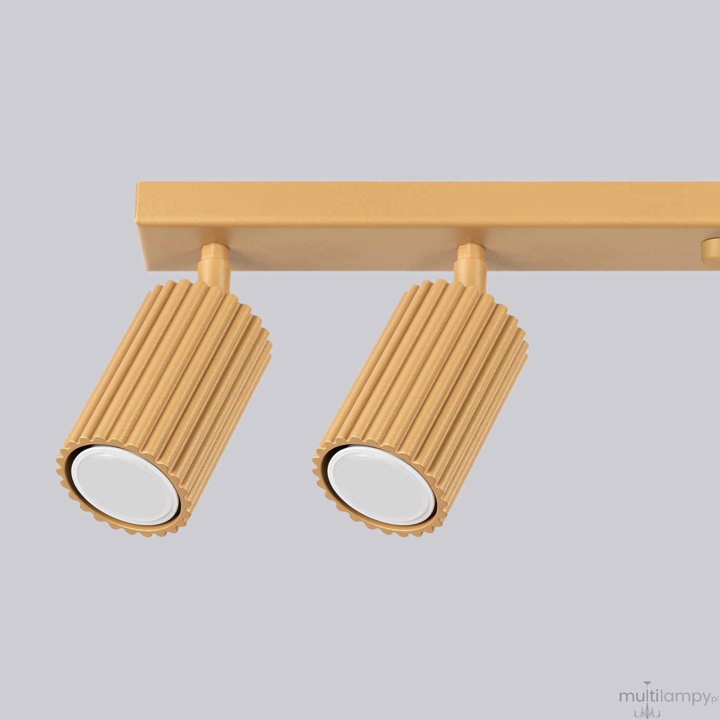 Lampa sufitowa Karbon 6xGU10 w złotym kolorze, z dwoma cylindrycznymi reflektorami o teksturowanej powierzchni. Reflektory są zamontowane na prostokątnej podstawie. Tło jest jasnoszare, co podkreśla elegancki design lampy.