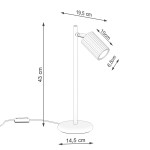 Lampka stołowa Karbon z metalowym, złotym kloszem, z regulowanym uchwytem. Wymiary: wysokość 43 cm, średnica podstawy 14,5 cm, klosz 10 cm wysokości i 6,5 cm średnicy. Kable z włącznikiem widoczne. Prosty, nowoczesny design.