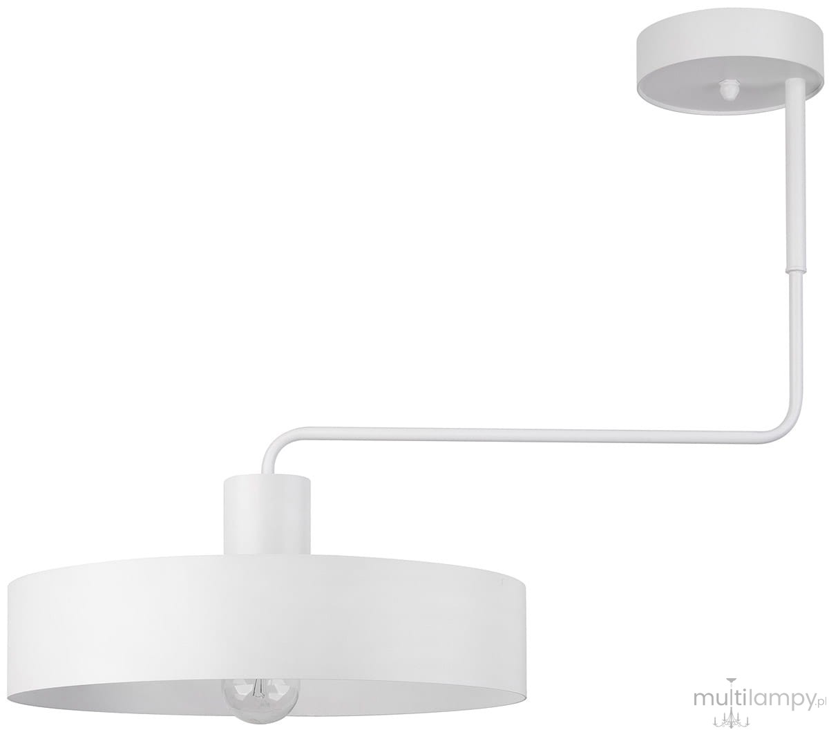 Lampa sufitowa Vasco 1-punktowa w kolorze białym. Okrągła, płaska podsufitka i długi, prosty przewód prowadzący do okrągłego klosza, w którym znajduje się żarówka. Produkt wiszący, minimalistyczny design.