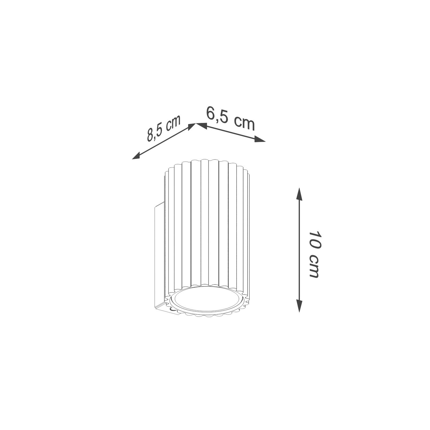 Kinkiet Karbon 10 w kolorze ochra czerwona, o wymiarach 10 cm wysokości, 8,5 cm szerokości i 6,5 cm głębokości. Posiada cylindryczny kształt z rowkowaną teksturą, przeznaczony do żarówki GU10. Montowany na ścianie, widok frontalny.