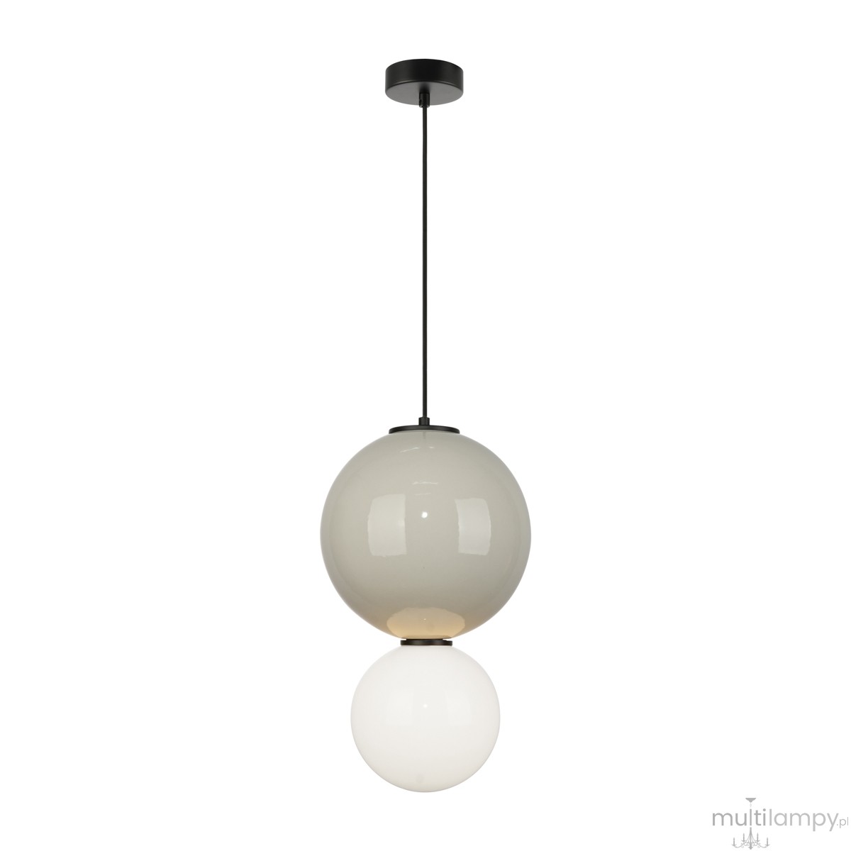 Lampa wisząca LED Pieve D25 o mocy 7W, kolor szary z dwoma kulistymi kloszami: górny w odcieniu szaro-białym, dolny biały. Zawieszona na cienkim czarnym przewodzie, montowana do sufitu. Emisja ciepłej bieli światła 3000K.