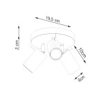 Beżowa lampa sufitowa spot z trzema oprawami na żarówki GU10. Okrągła podsufitka o średnicy 19,5 cm i wysokości 3 cm. Ramiona o długości 10 cm, z regulowanymi kierunkami światła. Wymiary jednego spotu: 6 cm szerokości.