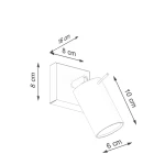 Kinkiet Ring 1xGU10 w kolorze ochra czerwona. Prosty kwadratowy panel o wymiarach 16x8 cm z cylindrycznym kloszem o średnicy 6 cm i wysokości 10 cm, zamocowany pod kątem. Wysokość całkowita 16 cm, głębokość 8 cm.