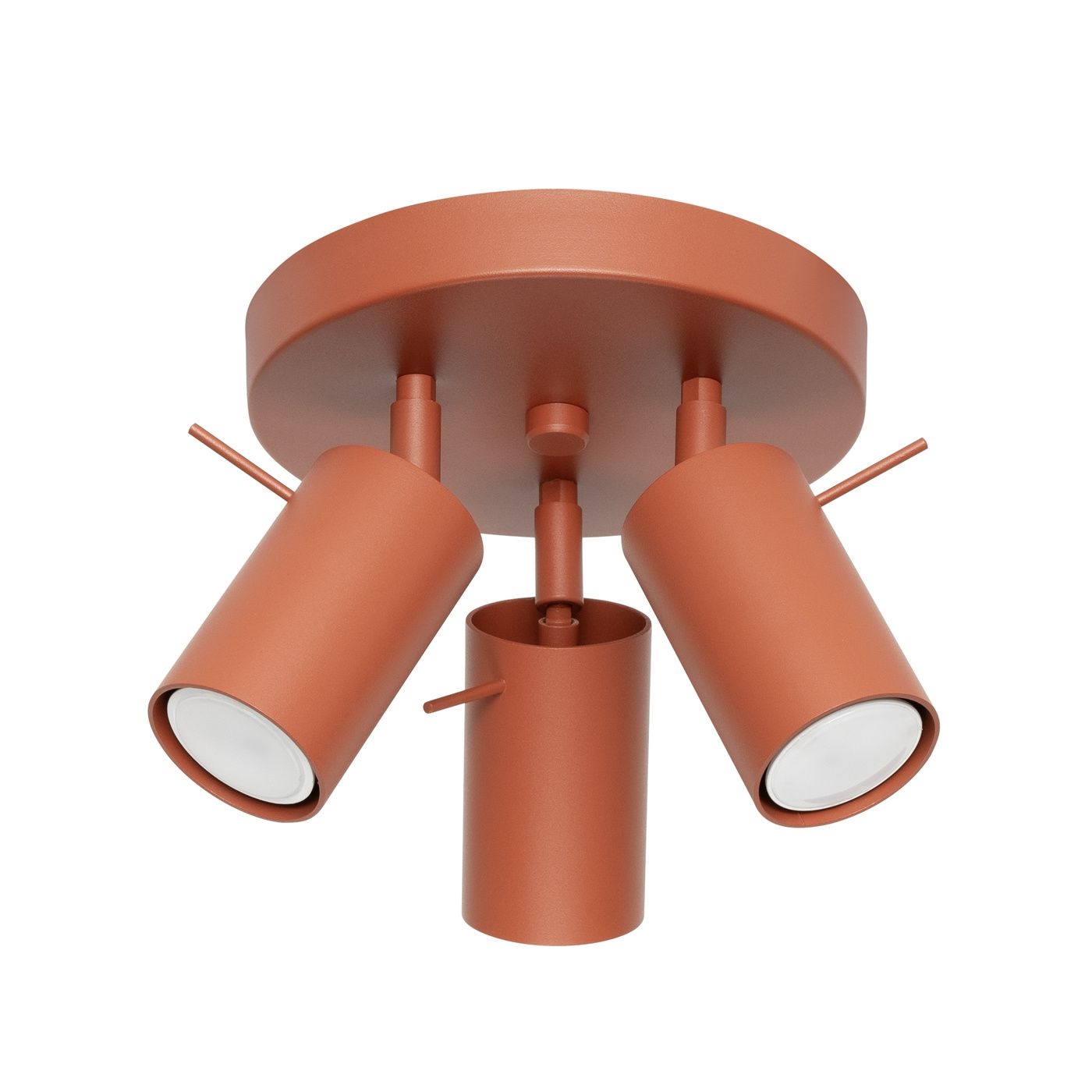Lampa sufitowa Ring w kolorze ochra czerwona z trzema ruchomymi punktami świetlnymi GU10. Metalowa konstrukcja o okrągłej podstawie, z cylindrycznymi kloszami. Ujęcie z dołu, ukazujące szczegóły montażu i ustawienia lampy.