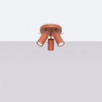 Lampa sufitowa Ring w kolorze ochry czerwonej z trzema ruchomymi spotami GU10. Ułożona poziomo, montowana na suficie, z metalowym wykończeniem i okrągłą podstawą. Idealna do oświetlenia wnętrza w nowoczesnym stylu.