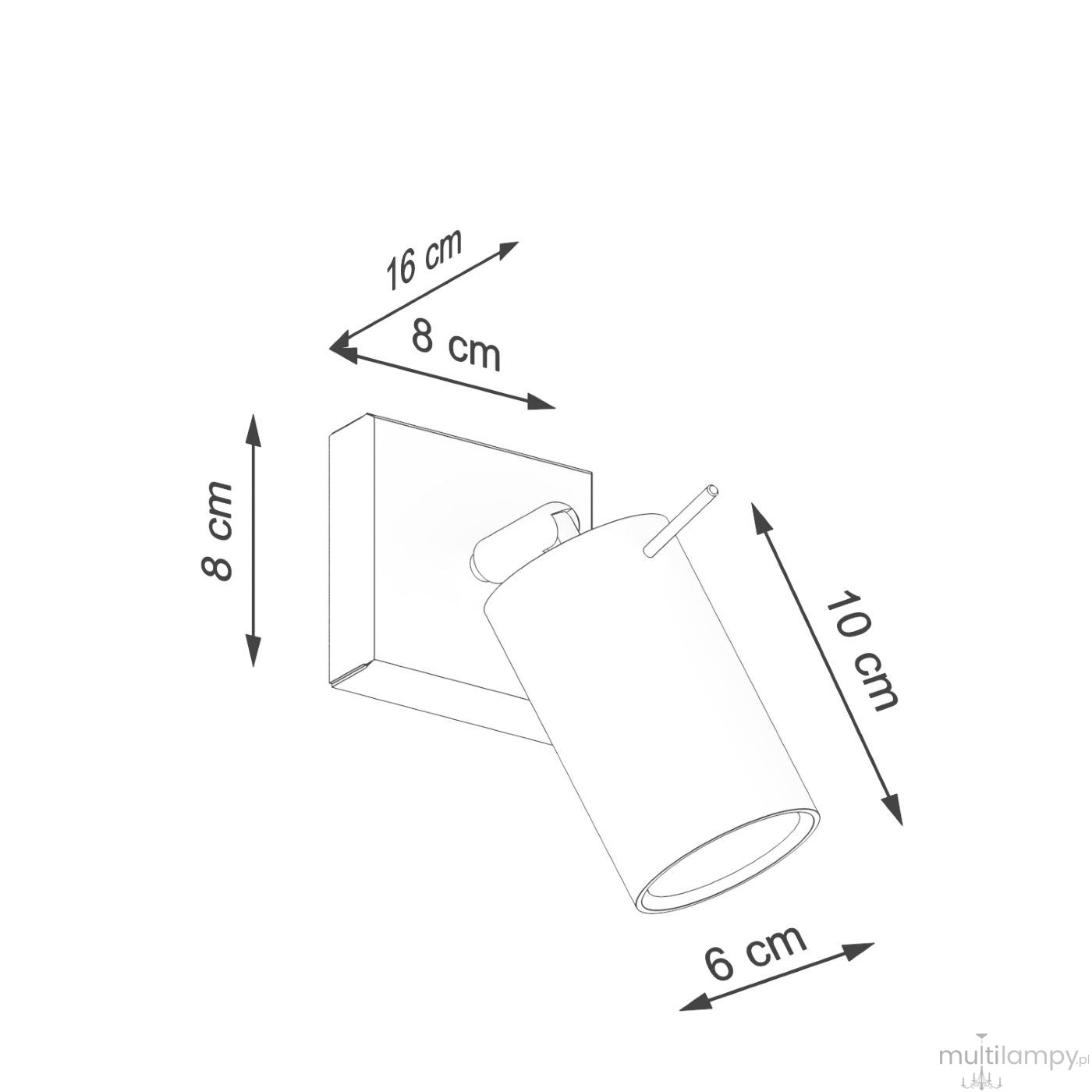 Kinkiet Ring w kolorze oliwkowym, wykonany z metalu. Posiada cylindryczny klosz o średnicy 6 cm i wysokości 10 cm, zamontowany na prostokątnej podstawie o wymiarach 8x8 cm. Całkowita wysokość wynosi 16 cm.