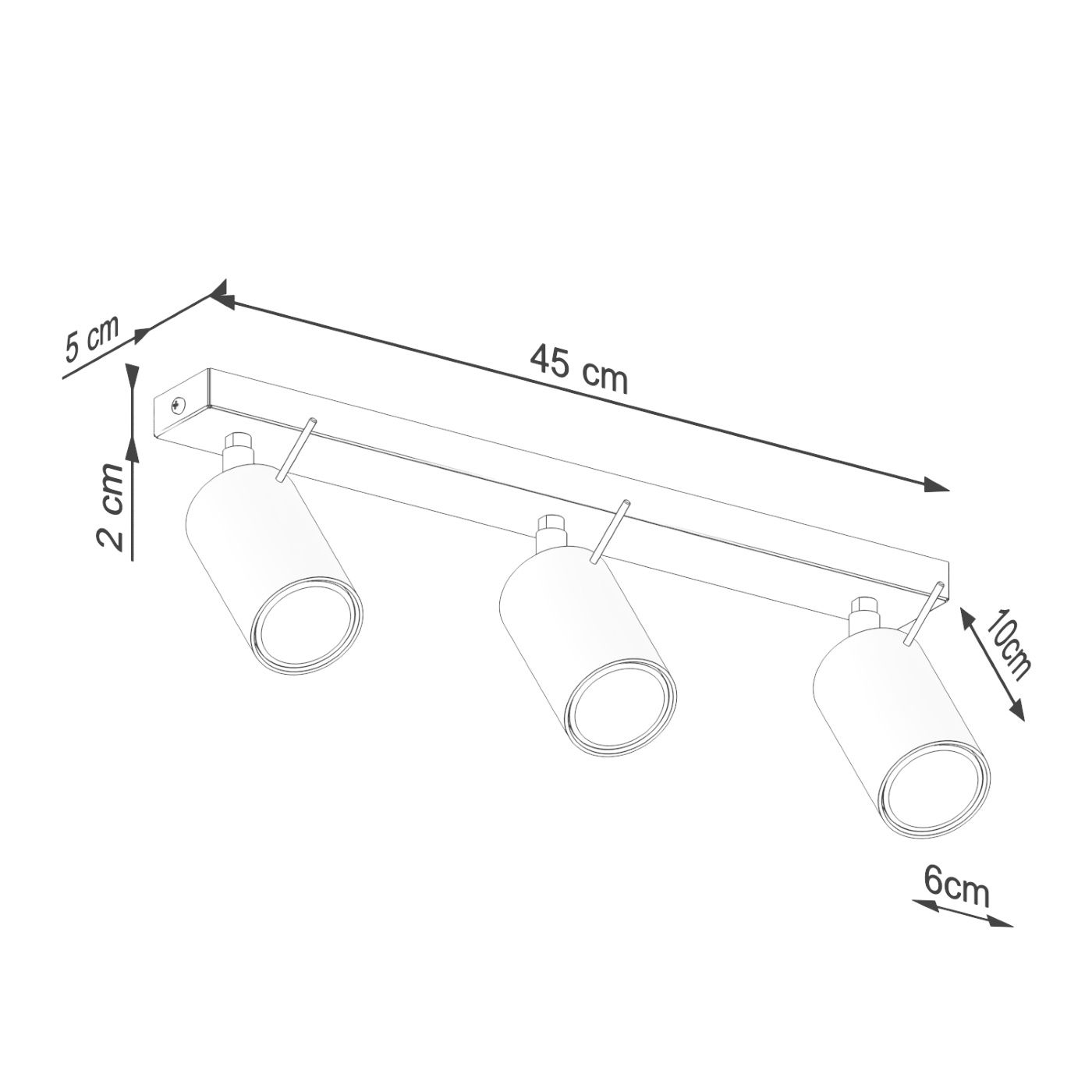 Lampa sufitowa spot w kolorze oliwkowej zieleni z trzema reflektorami GU10. Wymiary: długość 45 cm, szerokość 6 cm, wysokość 10 cm. Reflektory umieszczone na prostokątnej podstawie, zamontowane pod kątem.