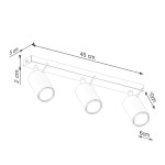 Lampa sufitowa spot w kolorze oliwkowej zieleni z trzema reflektorami GU10. Wymiary: długość 45 cm, szerokość 6 cm, wysokość 10 cm. Reflektory umieszczone na prostokątnej podstawie, zamontowane pod kątem.