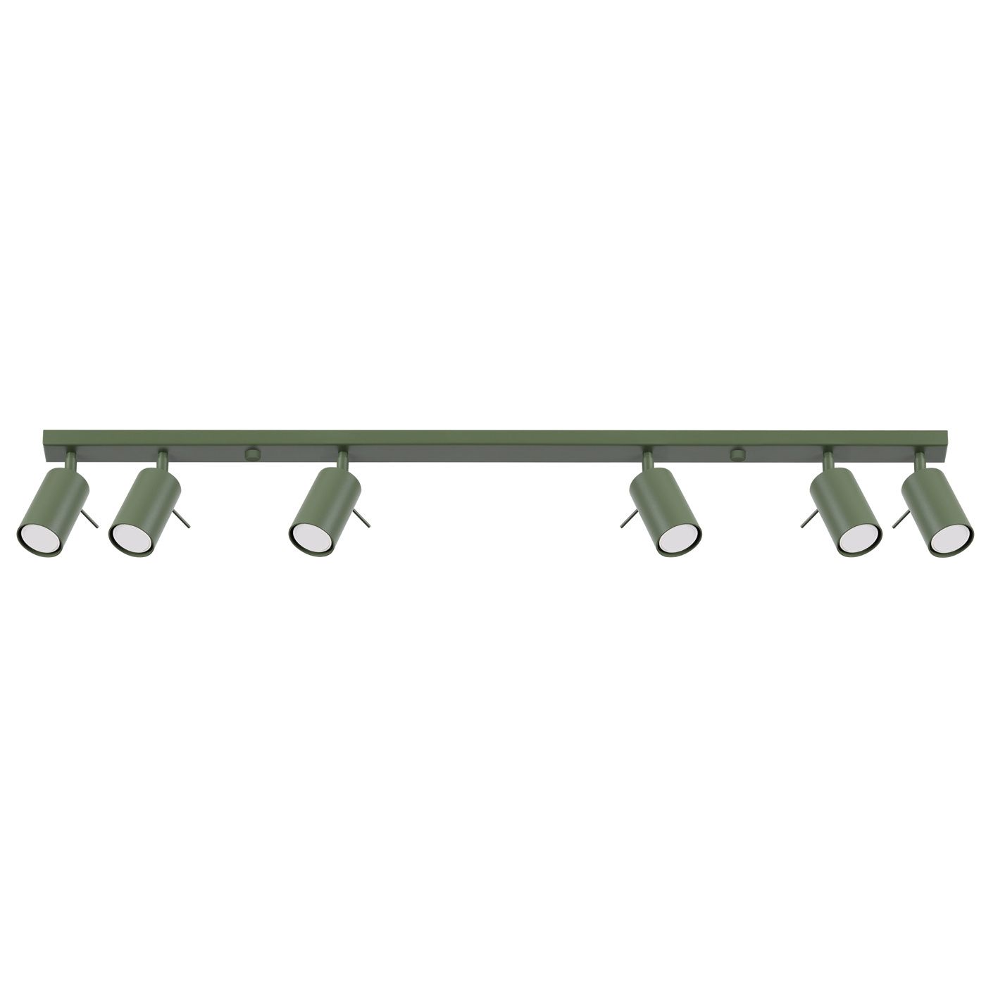 Sufitowa lampa spotowa z sześcioma reflektorami w kolorze oliwkowym, zamontowana na prostokątnej, metalowej podstawie. Reflektory mają cylindryczny kształt i są skierowane w różnych kierunkach. Idealna do oświetlenia wnętrz.