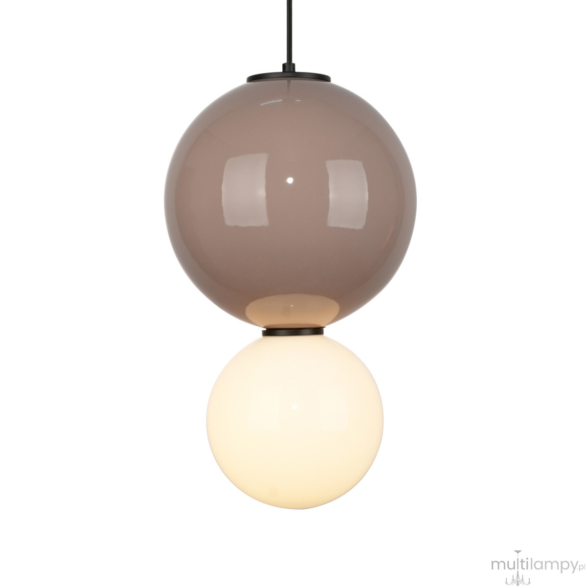 Lampa wisząca LED Pieve D25 z brązową, przezroczystą kulą u góry i białą kulą na dole. Źródło światła o mocy 7W i temperaturze barwowej 3000K, zawieszona na czarnym kablu. Kształt sferyczny, nowoczesny design.