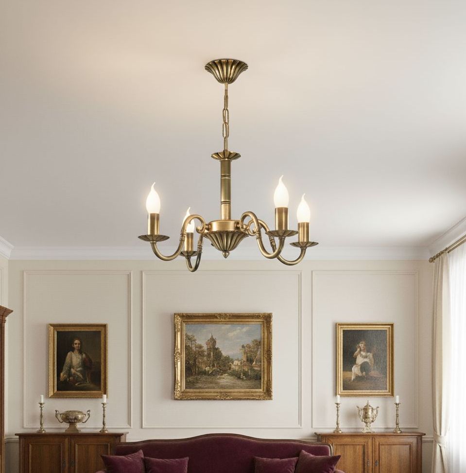 Żyrandol Prima 4xE14 w kolorze patynowym, z czterema ramionami, umieszczony w centralnej części sufitu. Oświetlenie z eleganckimi, zaokrąglonymi kloszami, w otoczeniu klasycznego wnętrza z obrazami i meblami w odcieniach brązu.