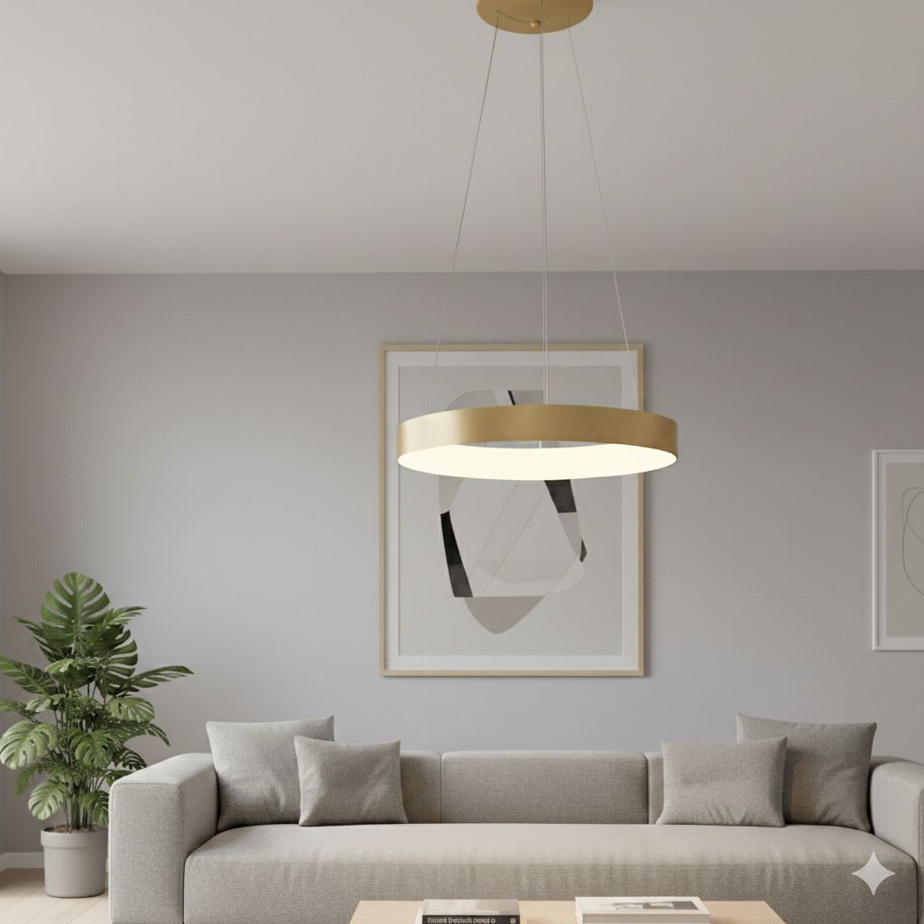 Lampa wisząca Giulia D48 LED, 1-punktowa, w kolorze złotym. Okrągła konstrukcja z białym kloszem, zawieszona na cienkich linkach. Umieszczona w nowoczesnym wnętrzu, nad szarym sofą, w towarzystwie rośliny doniczkowej.