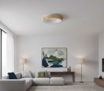 Plafon LED Giulia D48 w kolorze złotym, okrągły, zamontowany na suficie. Oświetlenie w nowoczesnym wnętrzu z jasnymi ścianami i stylowym obrazem w tle. Widoczne meble i lampy stojące w aranżacji salonu.
