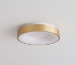 Plafon LED Giulia D48 w kolorze złotym, okrągły, z matowym wykończeniem. Produkt zamontowany na suficie, z białym, delikatnie wklęsłym kloszem, emitującym równomierne światło.
