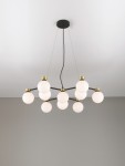 Caminos lampa wisząca z 10 gniazdami G9, w kolorze czarnym i złotym. Okrągłe, mleczne klosze są rozmieszczone na metalowej konstrukcji. Lampa zwisa z sufitu na cienkich przewodach, na jednolitym, szarym tle.