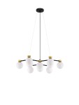 Lampa wisząca Caminos w kolorze czarnym i złotym, z dziesięcioma oprawkami G9. Kształt geometryczny z białymi, okrągłymi kloszami. Produkt zawieszony na cienkich linkach, z sufitowym mocowaniem. Nowoczesny design, idealny do wnętrz.