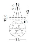 Lampa wisząca Caminos 14xG9 w kolorze czarnym i złotym, z okrągłym kloszem o średnicy 73 cm. Wymiary: wysokość 143 cm, szerokość 18 cm, głębokość 10 cm. Ułożona w poziomie, z czternastoma punktami świetlnymi.