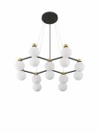 Lampa wisząca Caminos z 14 kulistymi kloszami G9, w kolorze czarnym i złotym. Konstrukcja z metalowymi detalami, zawieszona na cienkich linkach. Klosze w matowej bieli, tworzą nowoczesny design. Ujęcie z dołu, ukazujące pełen kształt lampy.